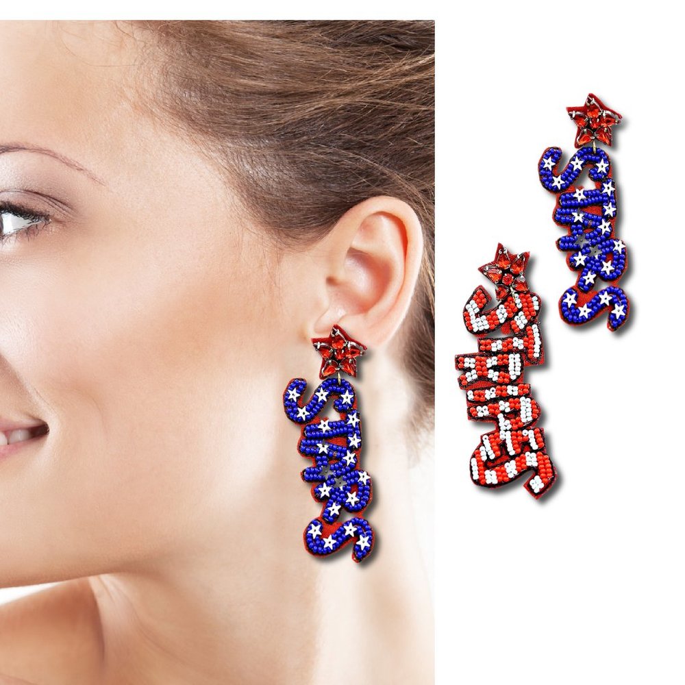 NEW Stars & Stripes Patriotic USA Flag Seed Beaded Crystal Gem Topped Earrings